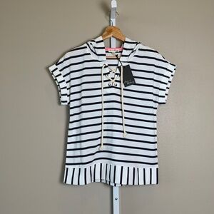 Jane & Delancey Striped Hooded Tie-front Top